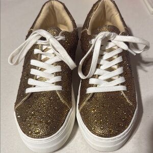 Betsey Johnson Gold Rhinestone Sneakers Shiny Bling Sparkle Style Size 8.5